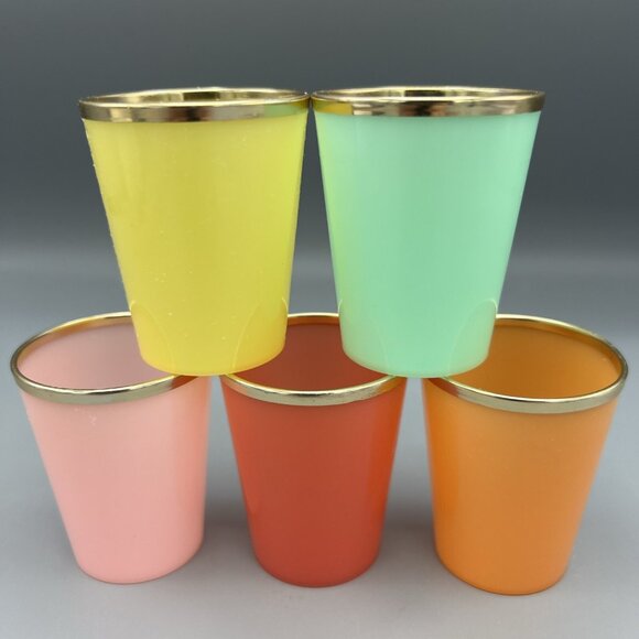 15 MCM Glasses Plastic Shot Mini Dessert KIH Vtg Hong Kong Multicolor Gold Band - Picture 3 of 16